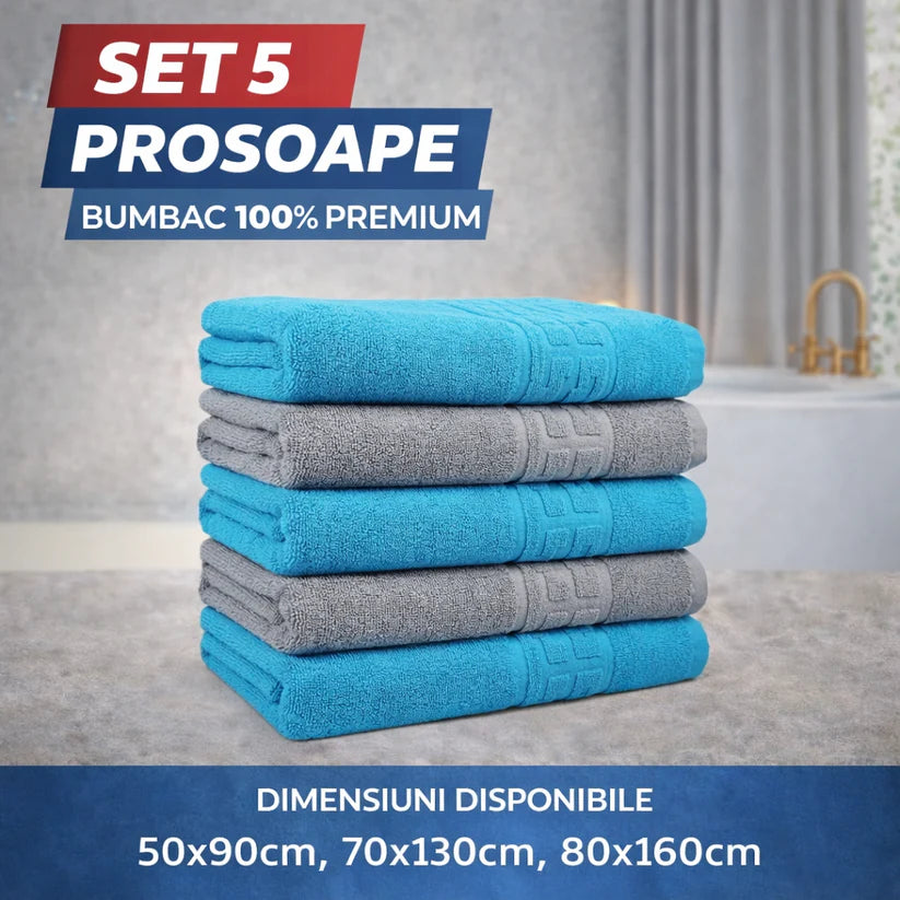 Set 5 Prosoape Baie 550g/m² Premium, 100% Bumbac, Absorbante și Pufoase