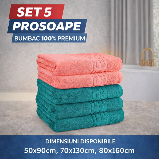 Set 5 Prosoape Baie Premium, 100% Bumbac, Absorbante și Pufoase, Corai/Verde