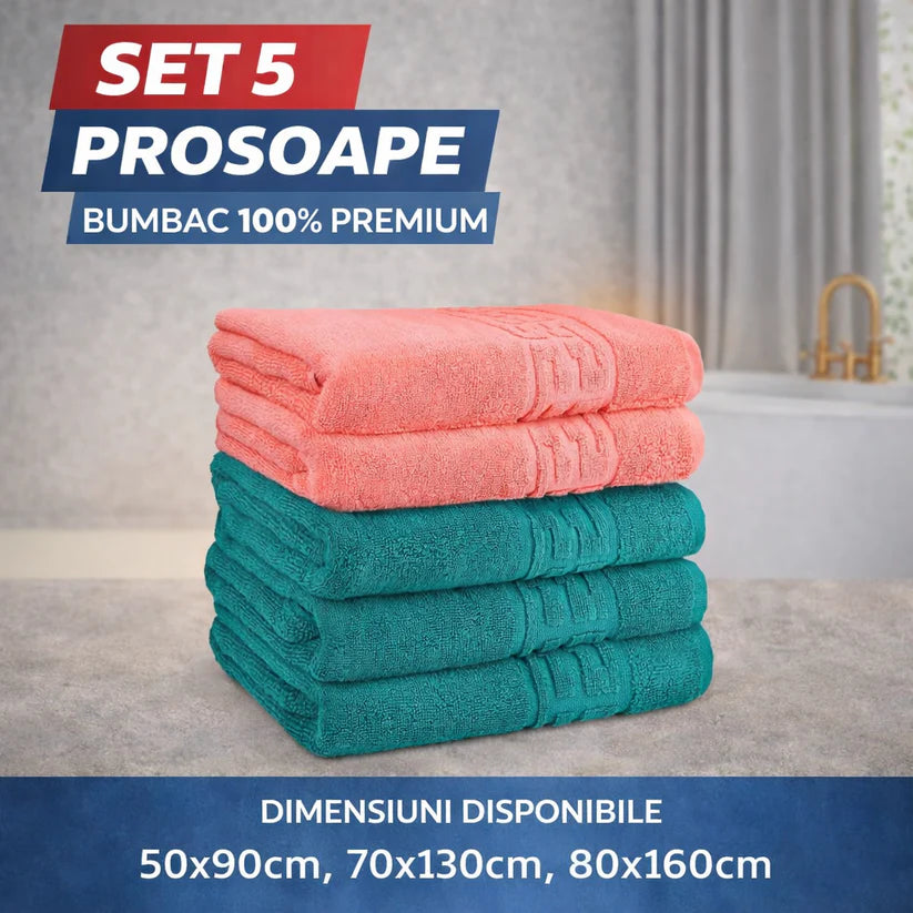 Set 5 Prosoape Baie 550g/m² Premium, 100% Bumbac, Absorbante și Pufoase