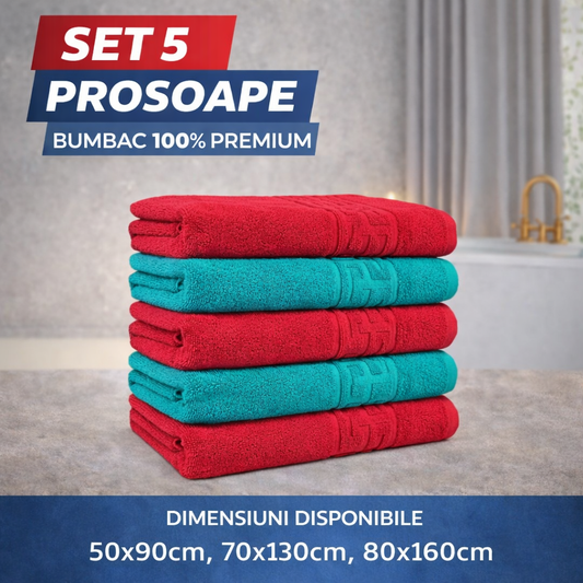 Set 5 Prosoape Baie Premium, 100% Bumbac, Absorbante și Pufoase, Verde/Roșu