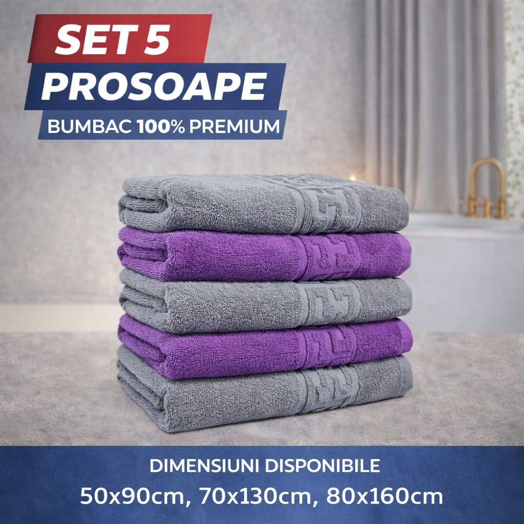 Set 5 Prosoape Baie Premium, 100% Bumbac, Absorbante și Pufoase, Mov/Gri
