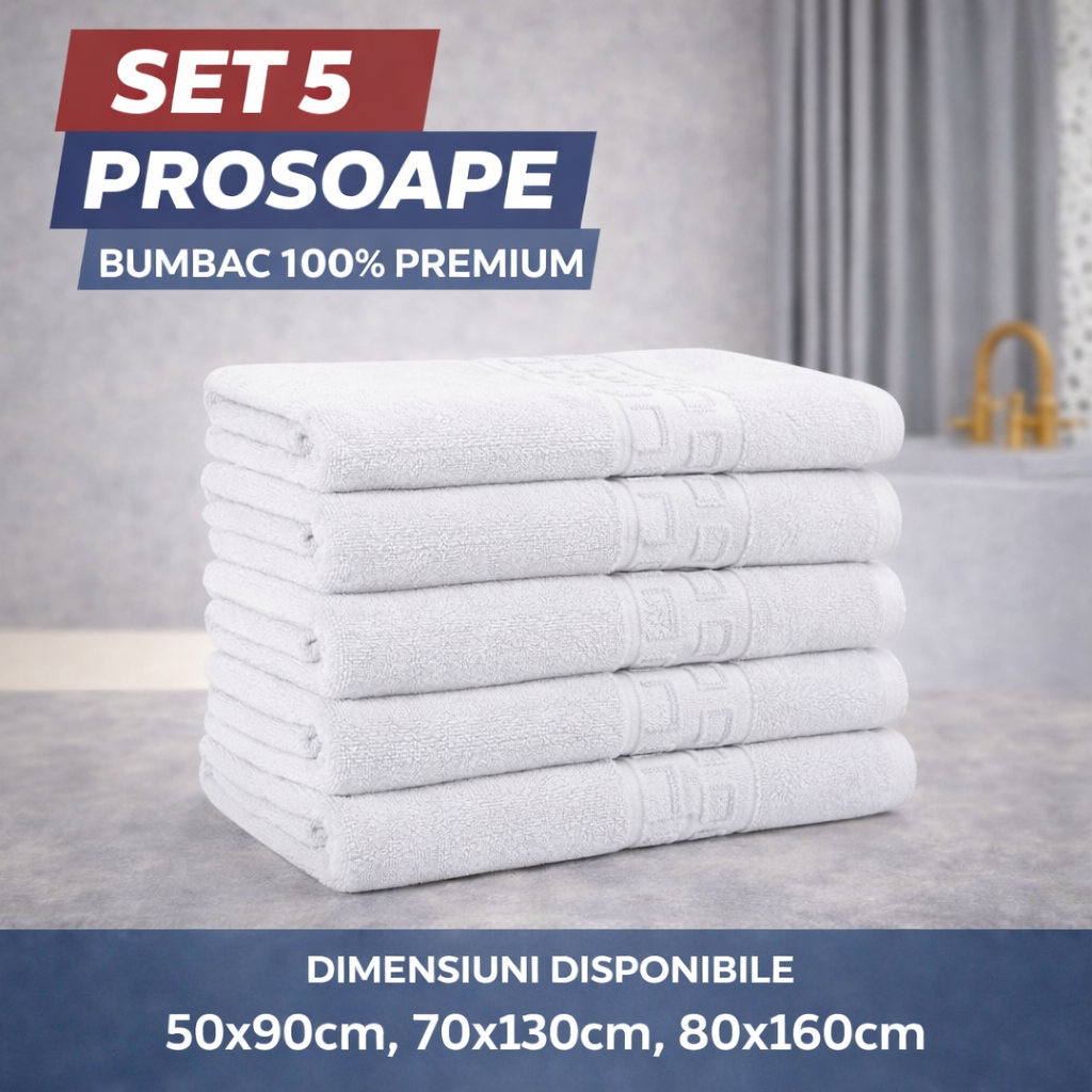 Set 5 Prosoape Baie Premium, 100% Bumbac, Absorbante și Pufoase