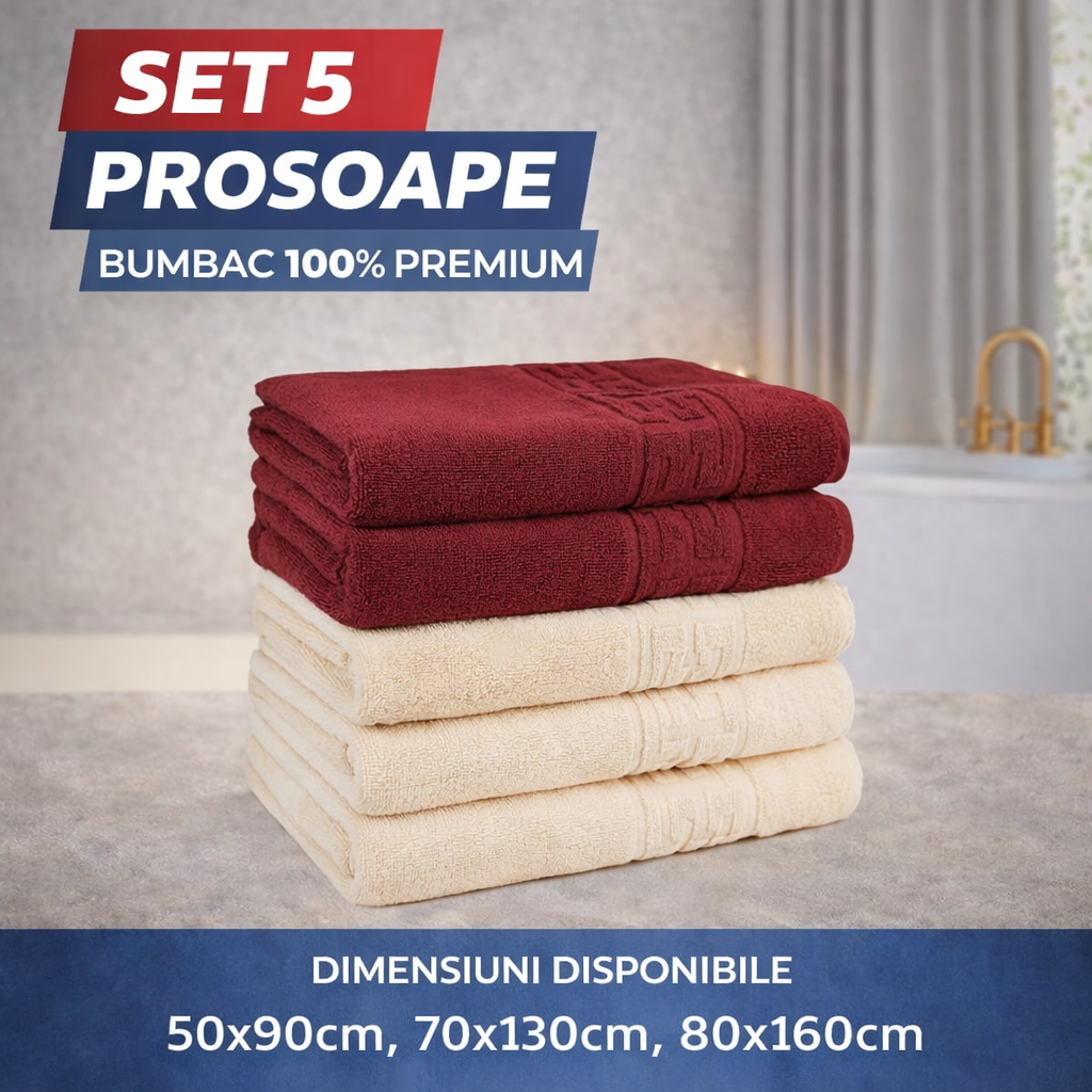 Set 5 Prosoape Baie Premium, 100% Bumbac, Absorbante și Pufoase, Vișiniu/Crem