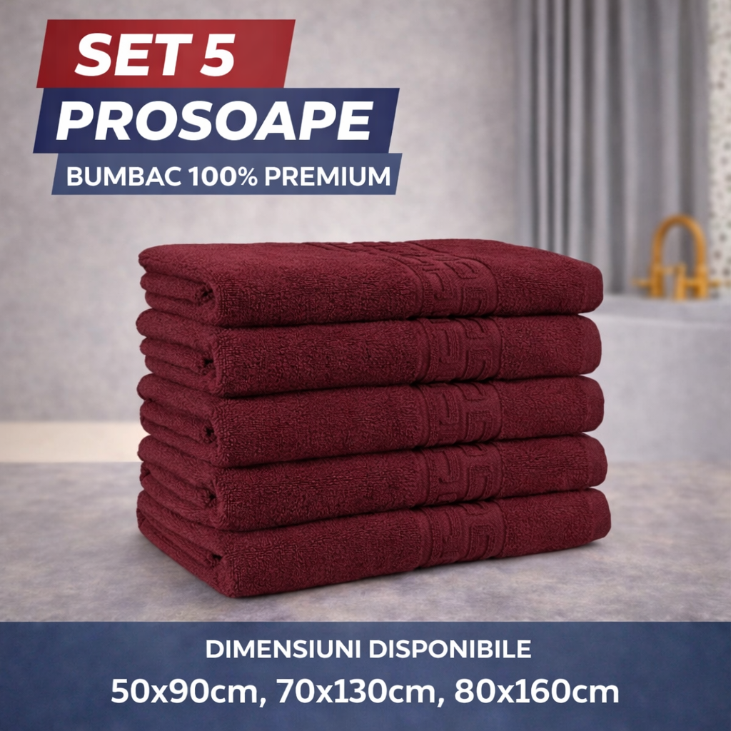 Set 5 Prosoape Baie Premium, 100% Bumbac, Absorbante și Pufoase