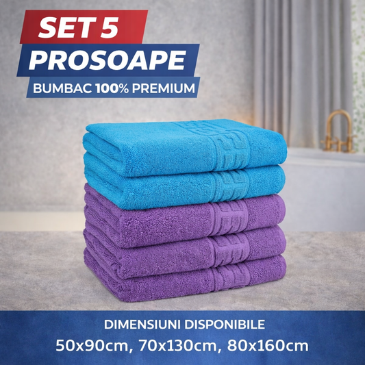 Set 5 Prosoape Baie Premium, 100% Bumbac, Absorbante și Pufoase, Turcoaz/Mov