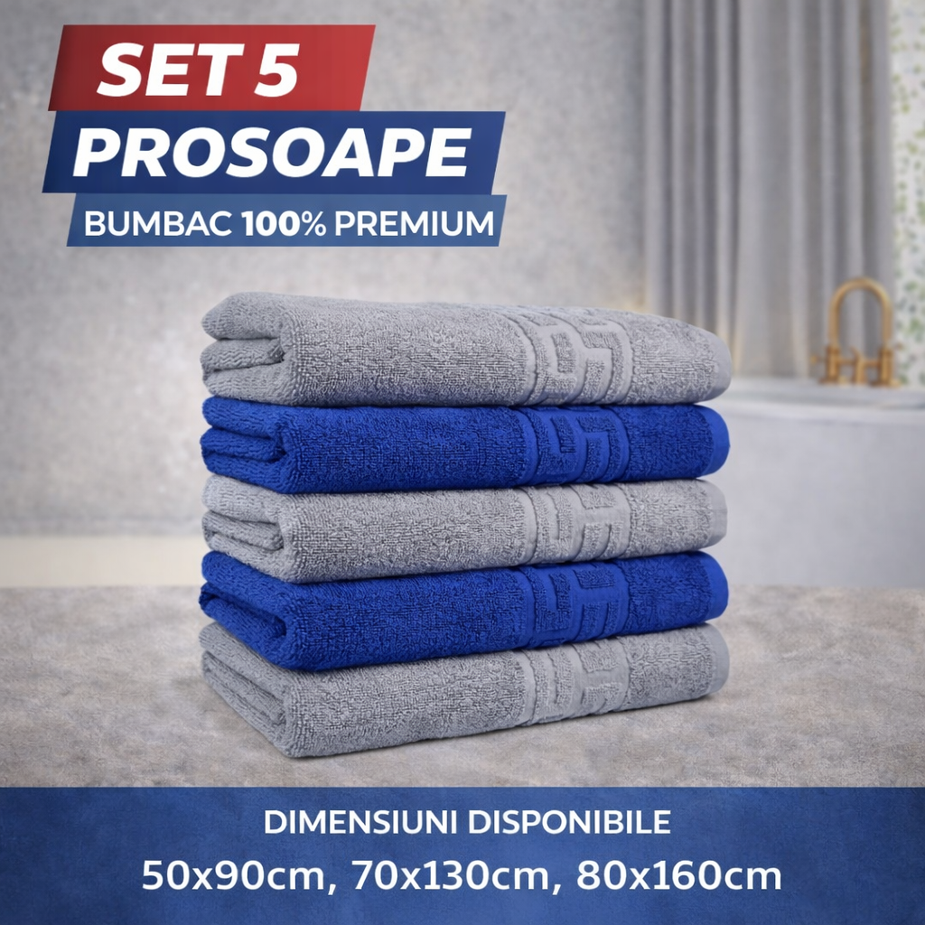Set 5 Prosoape Baie Premium, 100% Bumbac, Absorbante și Pufoase, Albastru/Gri
