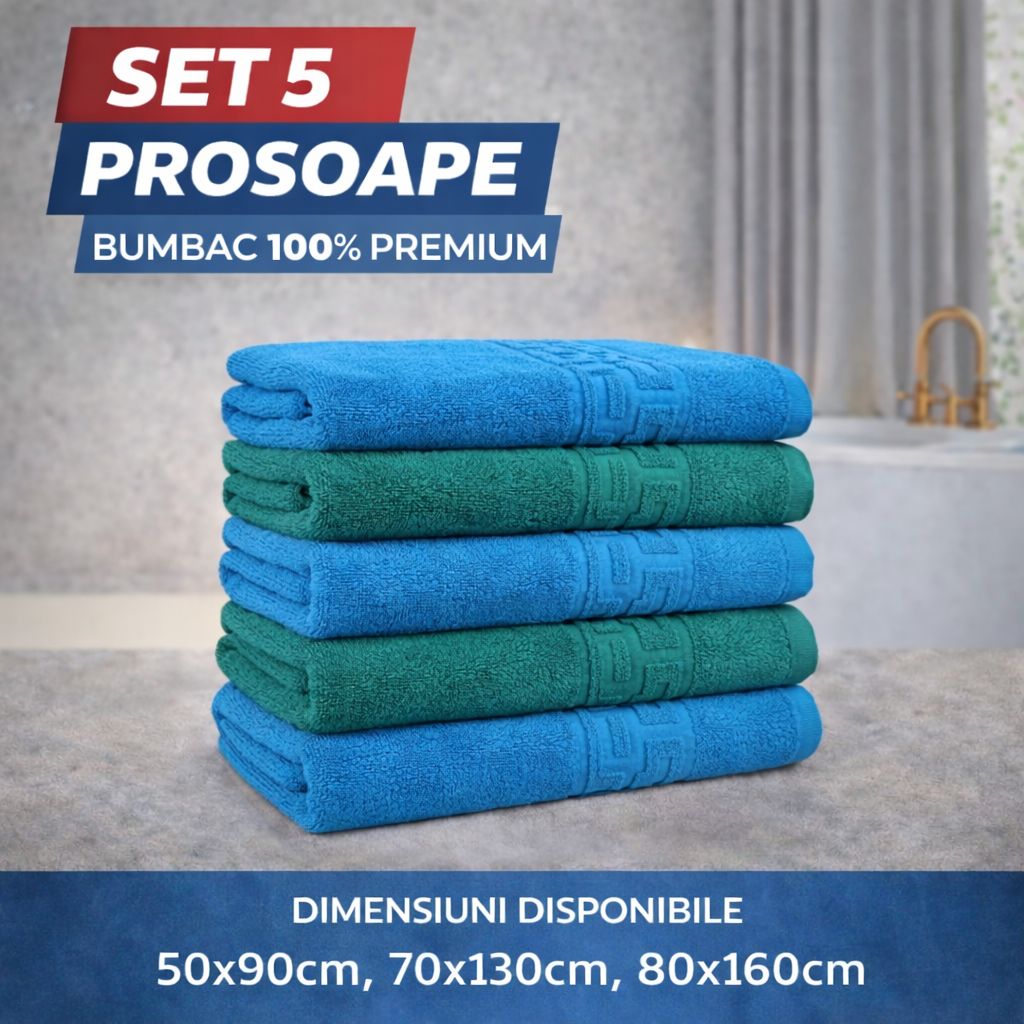 Set 5 Prosoape Baie Premium, 100% Bumbac, Absorbante și Pufoase, Verde/Turcoaz