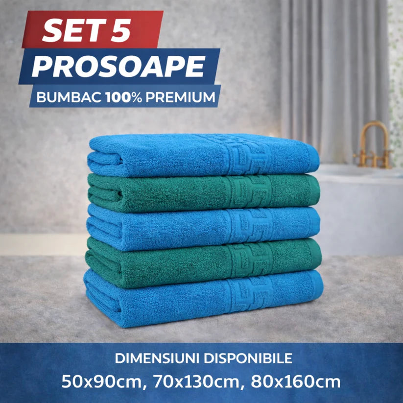 Set 5 Prosoape Baie 550g/m² Premium, 100% Bumbac, Absorbante și Pufoase