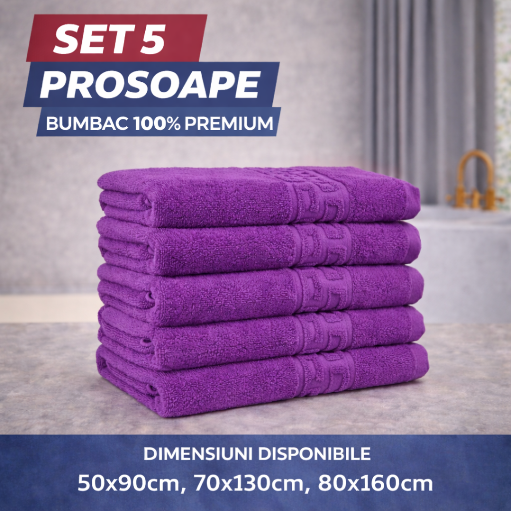 Set 5 Prosoape Baie Premium, 100% Bumbac, Absorbante și Pufoase