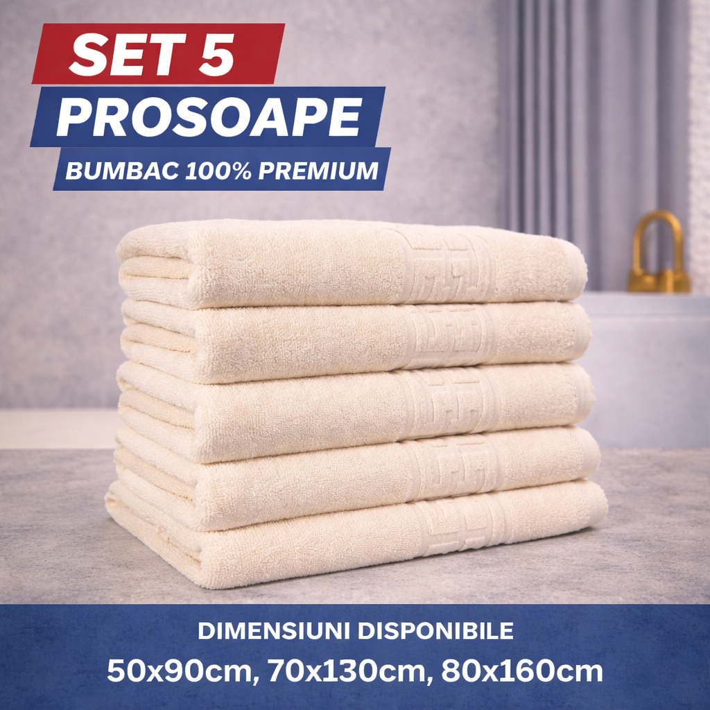 Set 5 Prosoape Baie Premium, 100% Bumbac, Absorbante și Pufoase