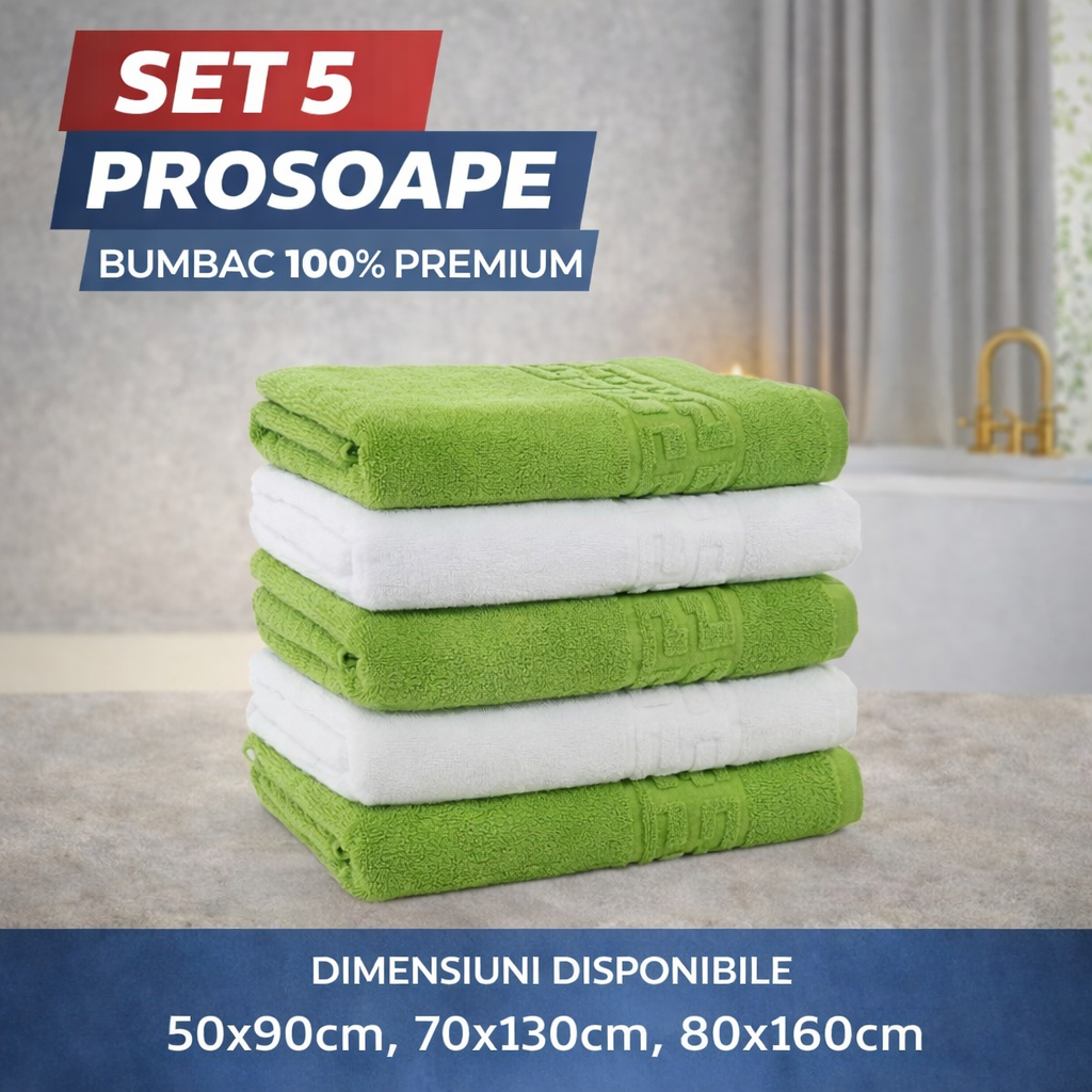 Set 5 Prosoape Baie Premium, 100% Bumbac, Absorbante, Pufoase, Set Complet, Verde/Alb
