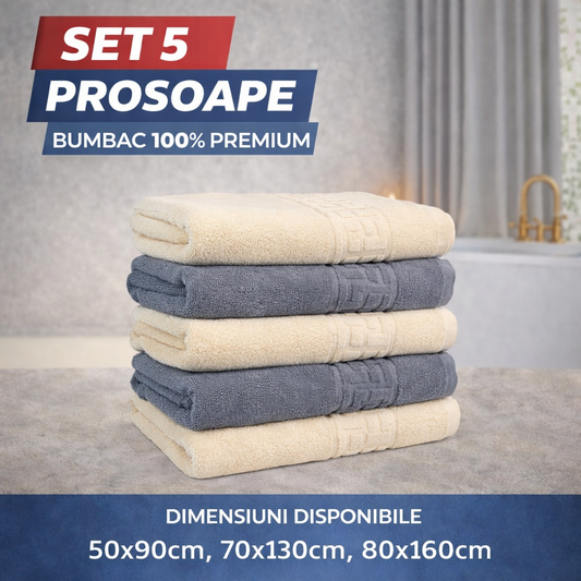 Set 5 Prosoape Baie Premium, 100% Bumbac, Absorbante și Pufoase, Crem/Gri