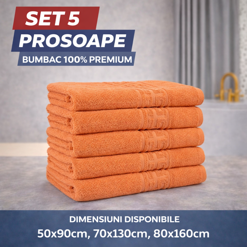 Set 5 Prosoape Baie Premium, 100% Bumbac, Absorbante și Pufoase