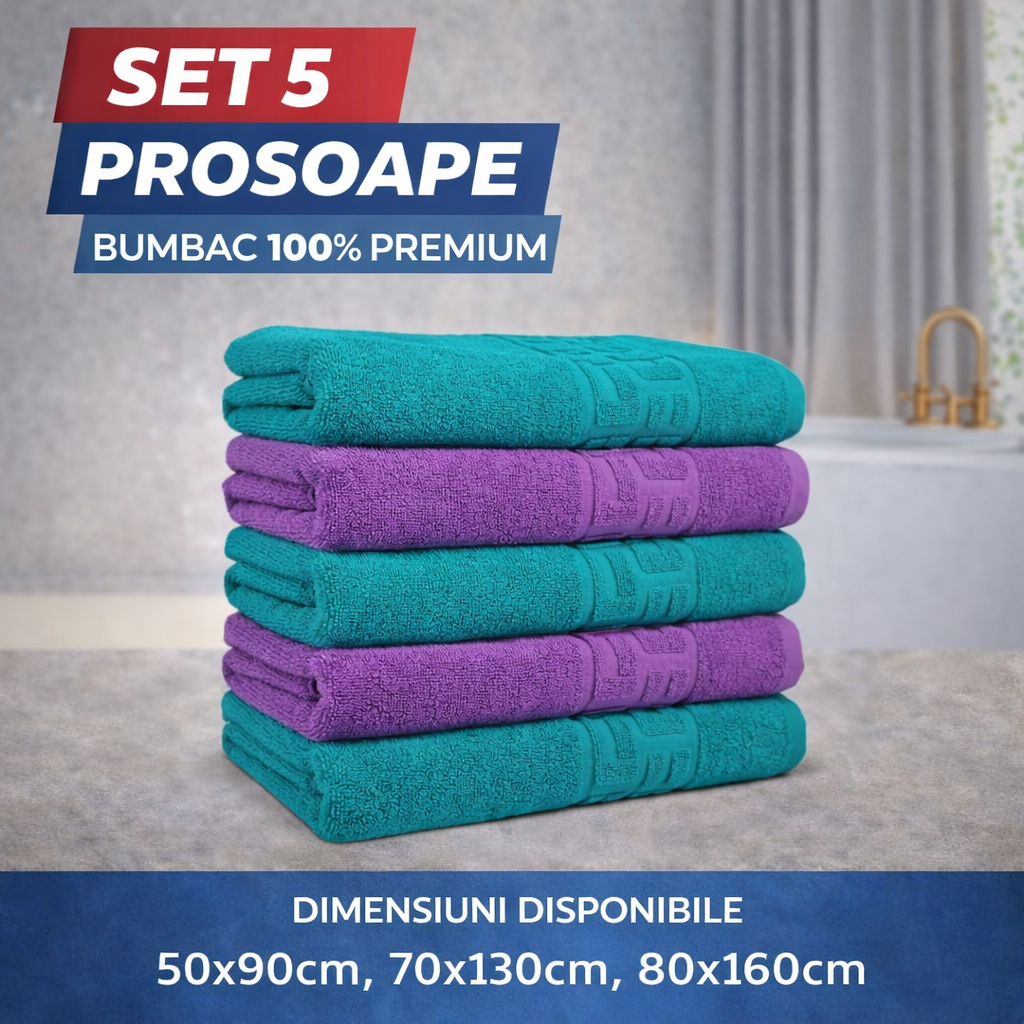 Set 5 Prosoape Baie Premium, 100% Bumbac, Absorbante și Pufoase, Mov/Verde
