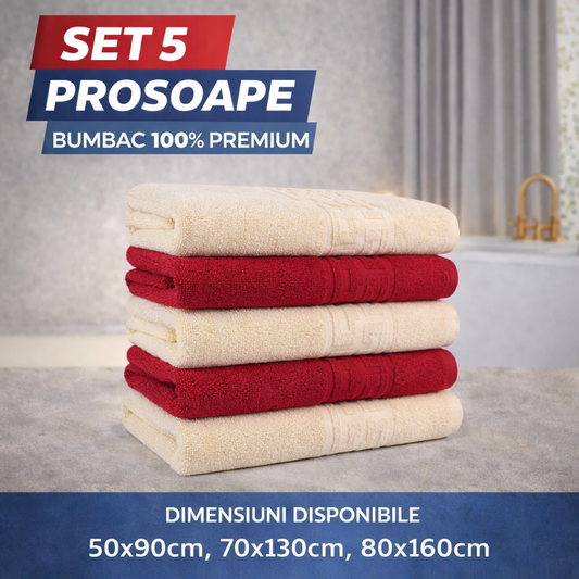 Set 5 Prosoape Baie Premium, 100% Bumbac, Absorbante și Pufoase, Crem/Roșu