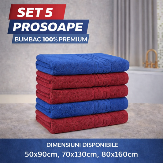 Set 5 Prosoape Baie Premium, 100% Bumbac, Absorbante și Pufoase, Albastru/Vișiniu