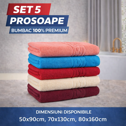 Set 5 Prosoape Baie Premium, 100% Bumbac, Absorbante și Pufoase, Multicolor (Corai/Bleu/Roșu/Crem/Vișiniu)
