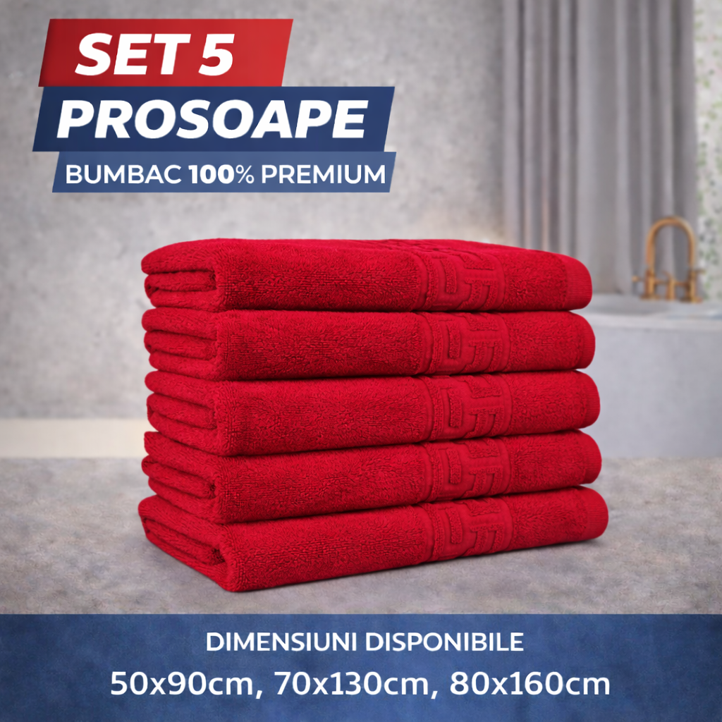 Set 5 Prosoape Baie Premium, 100% Bumbac, Absorbante și Pufoase