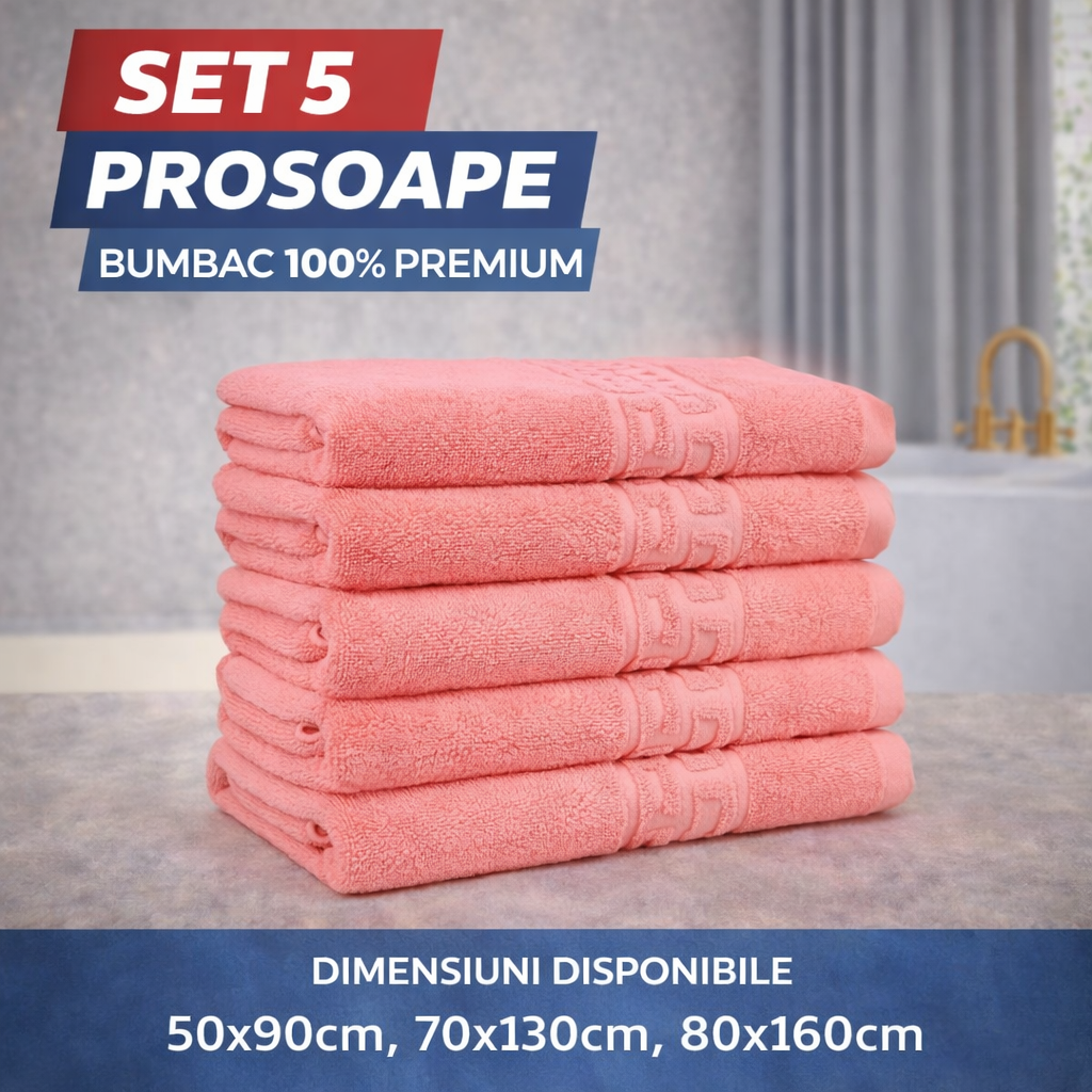 Set 5 Prosoape Baie Premium, 100% Bumbac, Absorbante și Pufoase