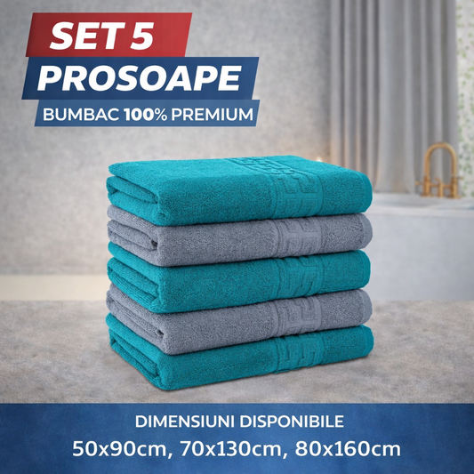 Set 5 Prosoape Baie Premium, 100% Bumbac, Absorbante și Pufoase, Verde/Gri