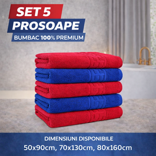 Set 5 Prosoape Baie Premium, 100% Bumbac, Absorbante și Pufoase, Albastru/Roșu
