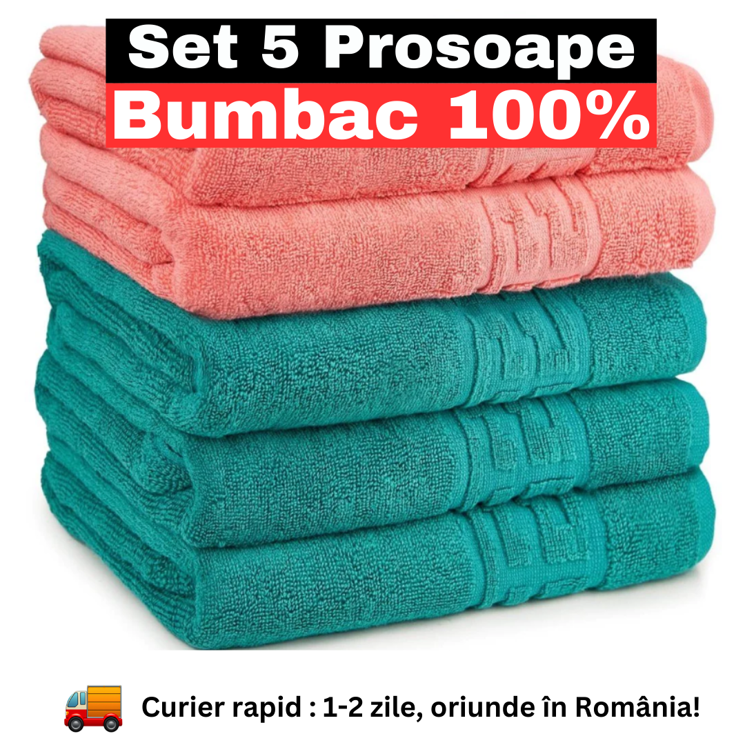 Set 5 Prosoape Baie Premium, 100% Bumbac, Absorbante și Pufoase, Corai/Verde