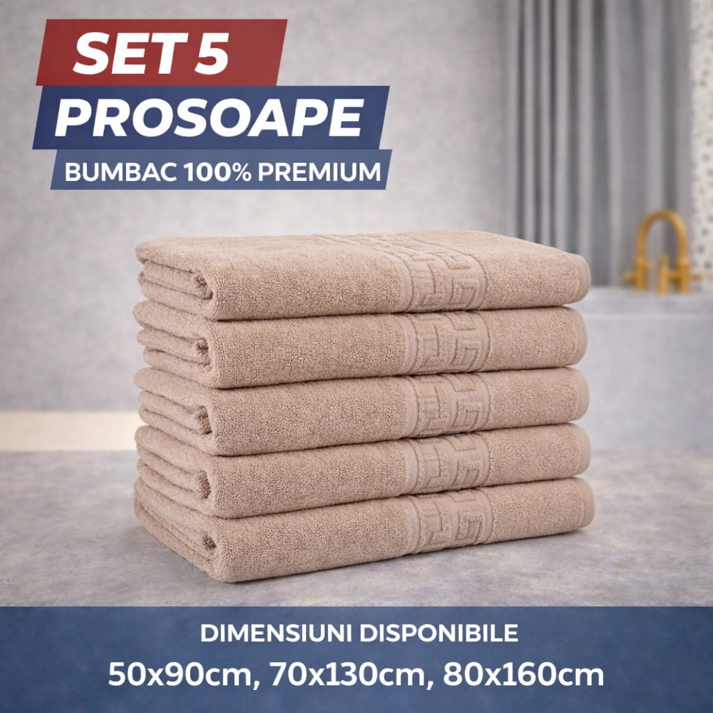 Set 5 Prosoape Baie Premium, 100% Bumbac, Absorbante și Pufoase