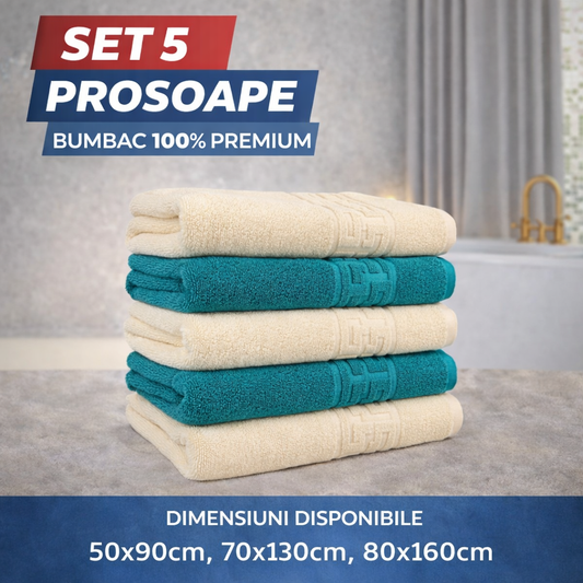 Set 5 Prosoape Baie Premium, 100% Bumbac, Absorbante și Pufoase, Crem/Bej