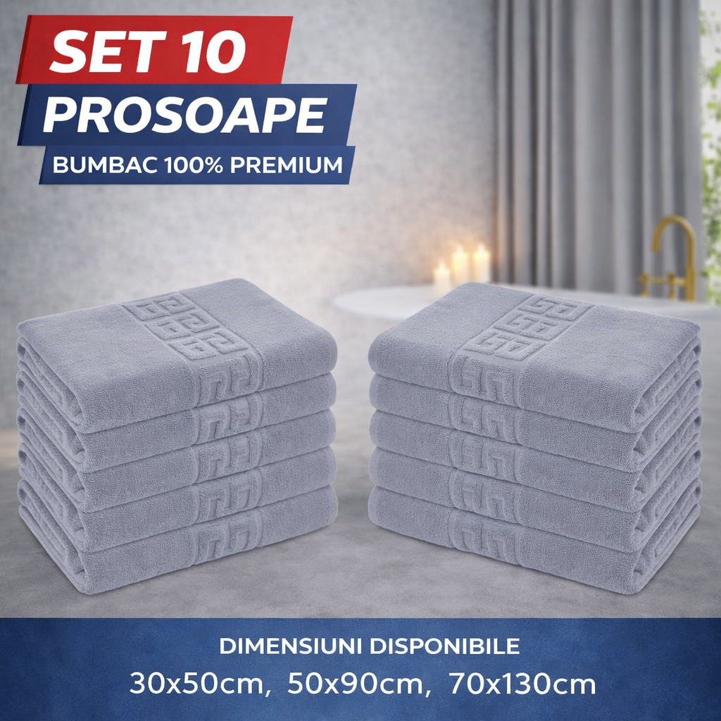 Set 10 Prosoape Baie Premium, Bumbac 100%, 550g/m², Model Greek – Super Absorbante