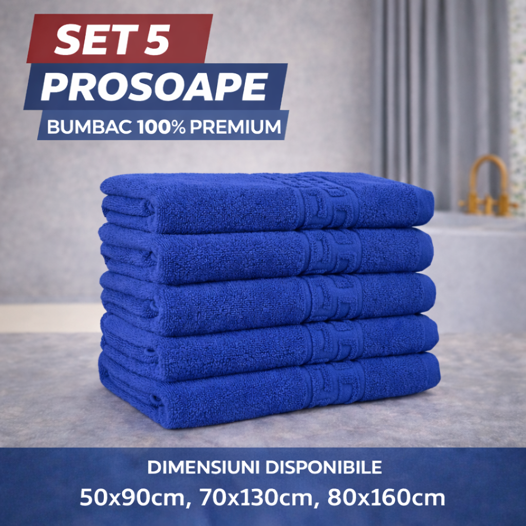 Set 5 Prosoape Baie Premium, 100% Bumbac, Absorbante și Pufoase