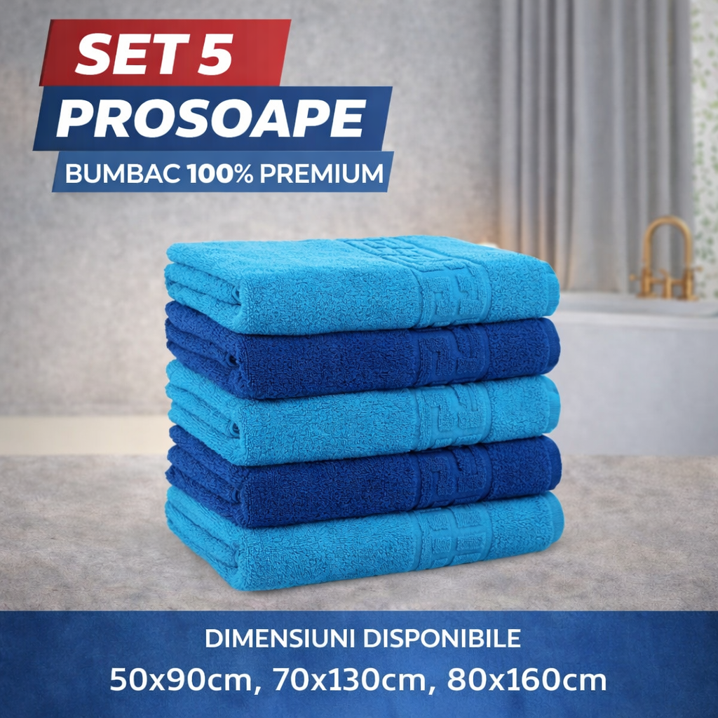 Set 5 Prosoape Baie Premium, 100% Bumbac, Absorbante și Pufoase, Turcoaz/Albastru