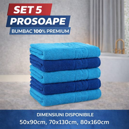 Set 5 Prosoape Baie Premium, 100% Bumbac, Absorbante și Pufoase, Turcoaz/Albastru