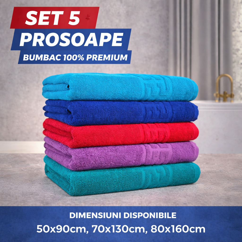 Set 5 Prosoape Baie Premium, 100% Bumbac, Absorbante și Pufoase, Multicolor (Bleu/Albastru/Roșu/Mov/Verde)