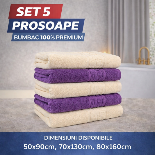 Set 5 Prosoape Baie Premium, 100% Bumbac, Absorbante și Pufoase, Crem/Mov