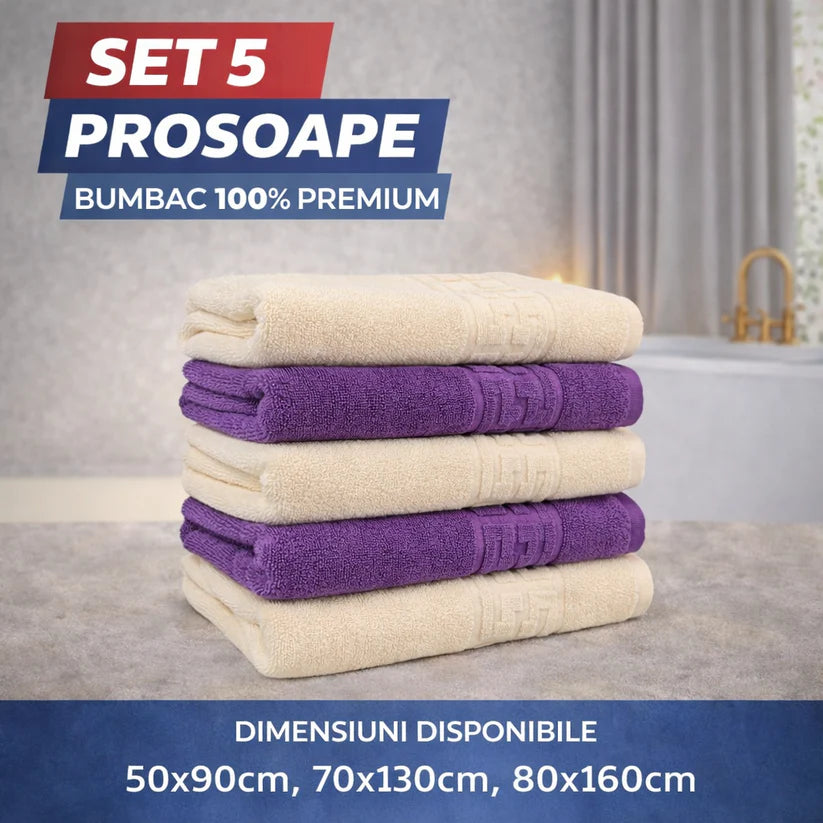 Set 5 Prosoape Baie 550g/m² Premium, 100% Bumbac, Absorbante și Pufoase