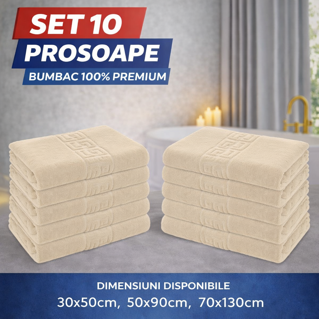 Set 10 Prosoape Baie Premium, Bumbac 100%, 550g/m², Model Greek – Super Absorbante