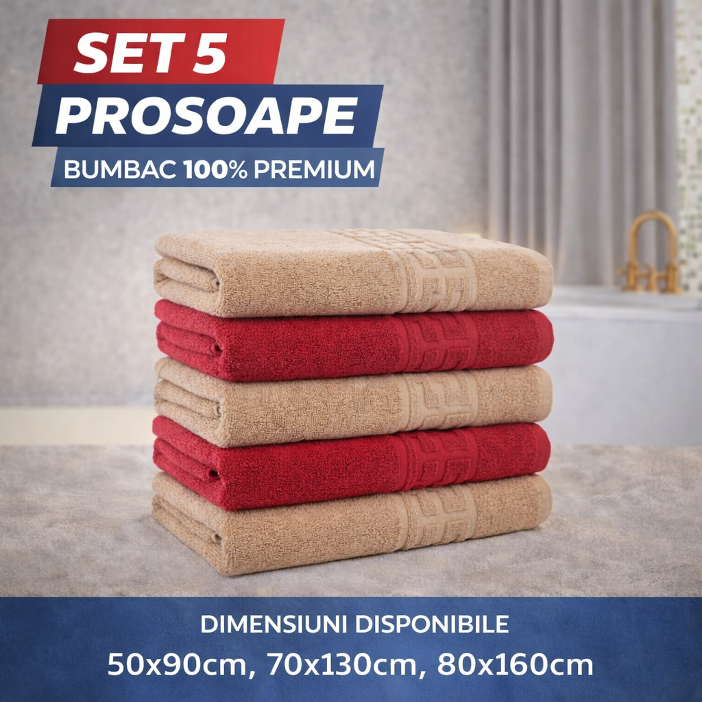 Set 5 Prosoape Baie Premium, 100% Bumbac, Absorbante și Pufoase, Bej/Roșu