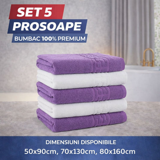 Set 5 Prosoape Baie Premium, 100% Bumbac, Absorbante și Pufoase, Mov/Alb