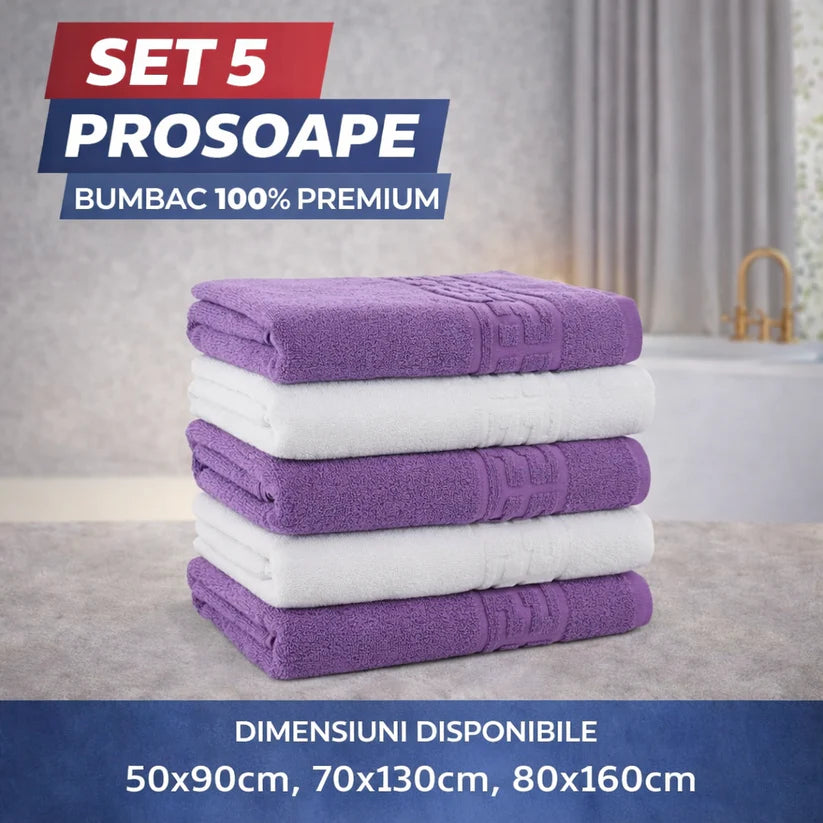Set 5 Prosoape Baie 550g/m² Premium, 100% Bumbac, Absorbante și Pufoase