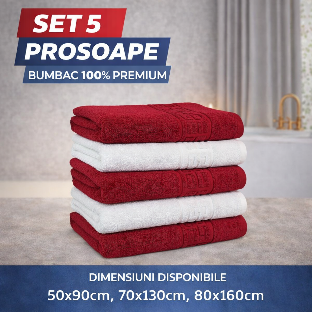 Set 5 Prosoape Baie Premium, 100% Bumbac, Absorbante și Pufoase, Alb/Roșu