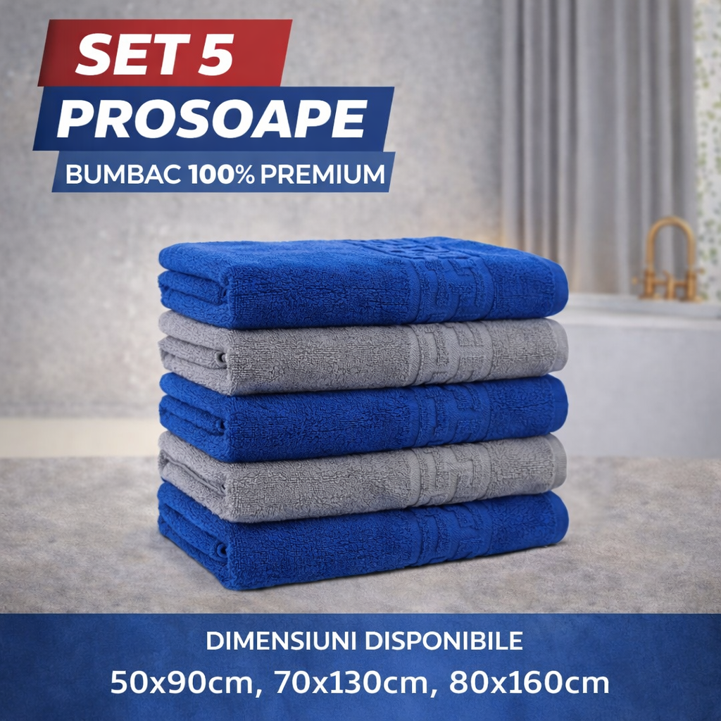 Set 5 Prosoape Baie Premium, 100% Bumbac, Absorbante și Pufoase, Albastru/Gri