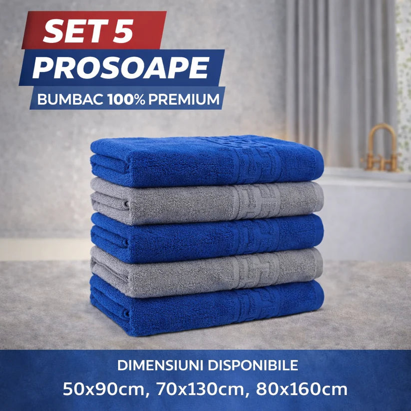 Set 5 Prosoape Baie 550g/m² Premium, 100% Bumbac, Absorbante și Pufoase