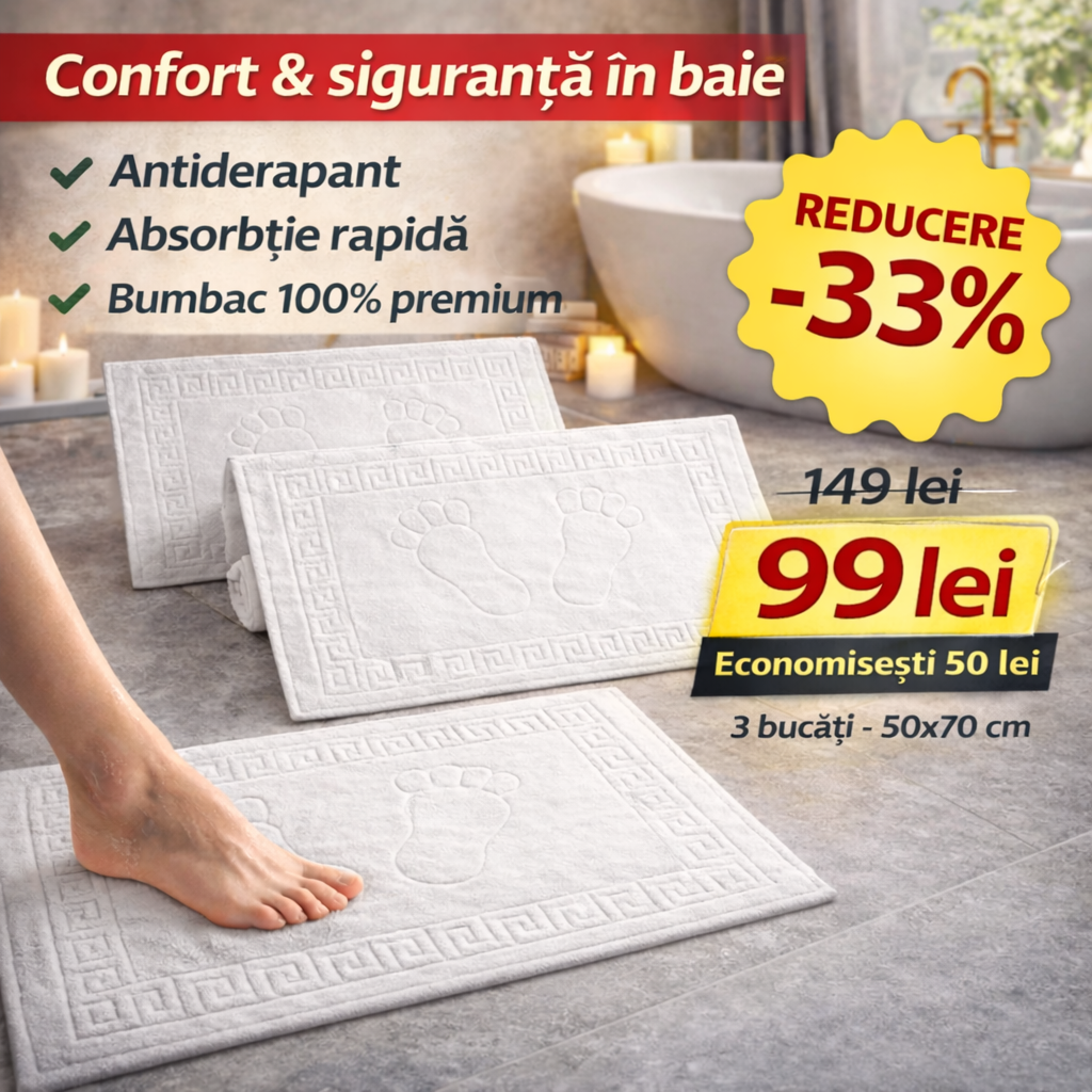 Set 3 Covorașe Baie din Bumbac Pakistanez 100%, Absorbante, Moi și Antiderapante, Alb