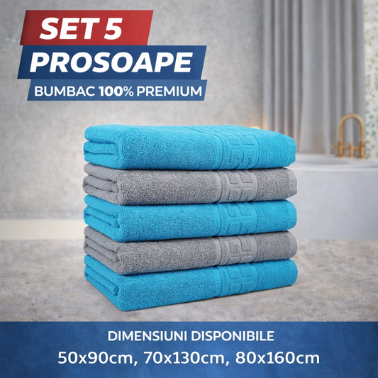 Set 5 Prosoape Baie Premium, 100% Bumbac, Absorbante și Pufoase, Gri/Turcoaz