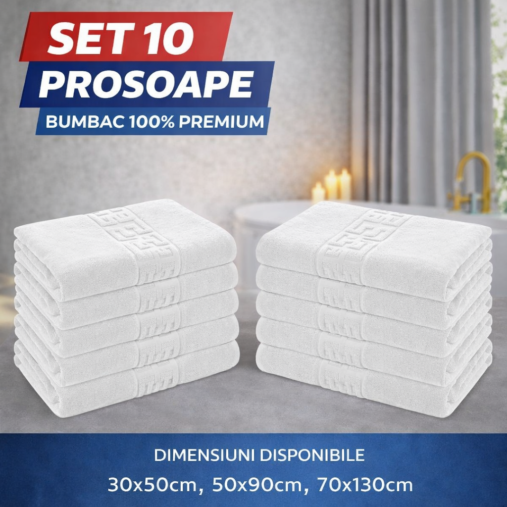 Set 10 Prosoape Baie Premium, Bumbac 100%, 550g/m², Model Greek – Super Absorbante