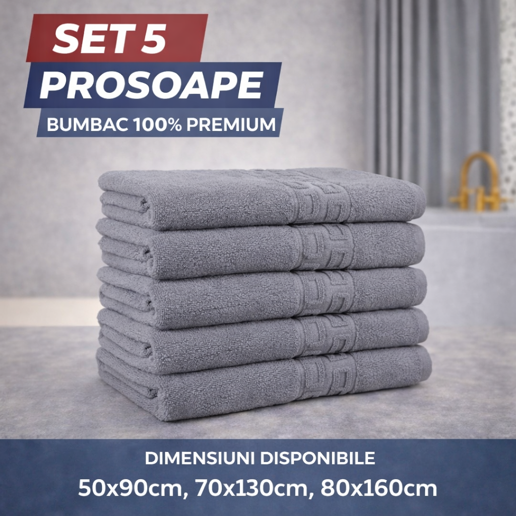 Set 5 Prosoape Baie Premium, 100% Bumbac, Absorbante și Pufoase